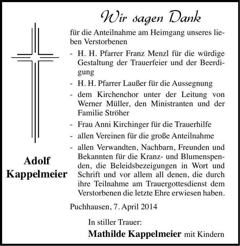 Traueranzeige Adolf Kappelmeier