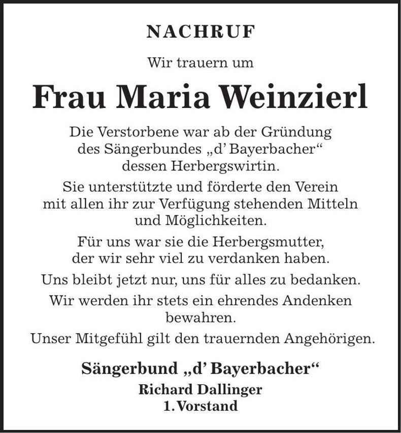 Traueranzeige Maria Weinzierl