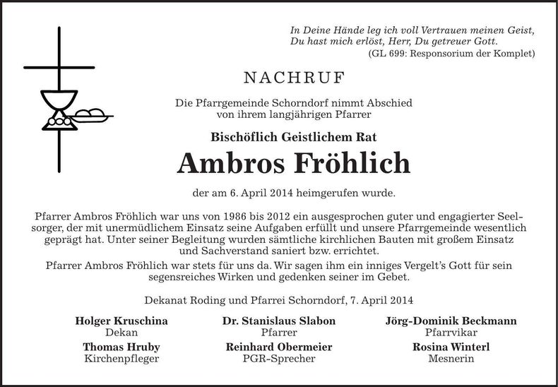 Traueranzeige Ambros Fröhlich