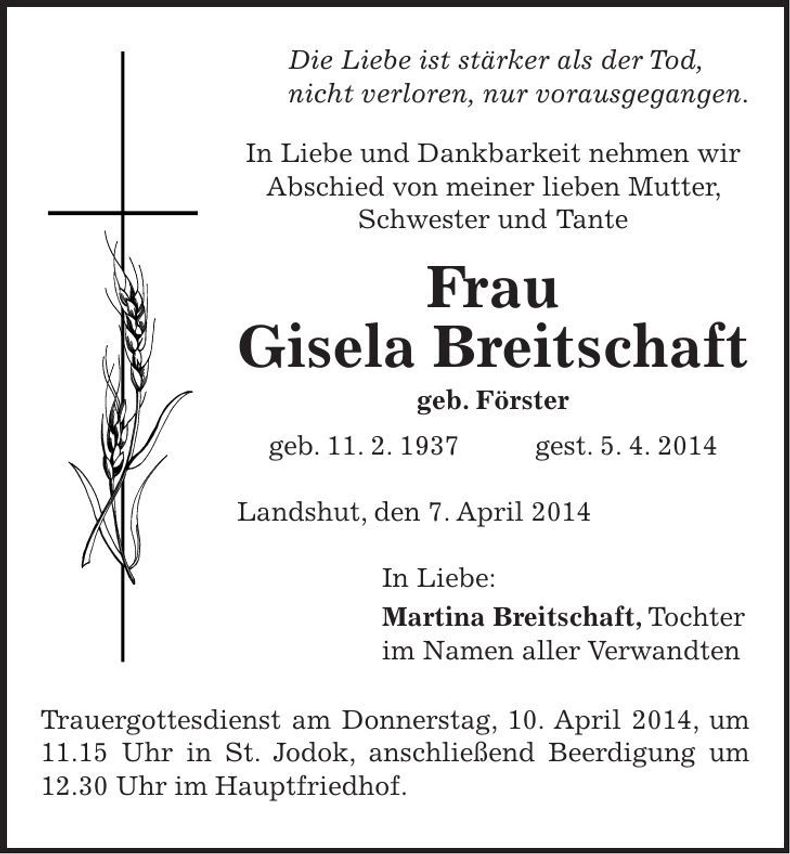 Traueranzeige Gisela Breitschaft