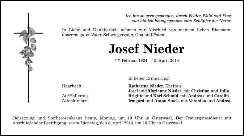Traueranzeige Josef Nieder