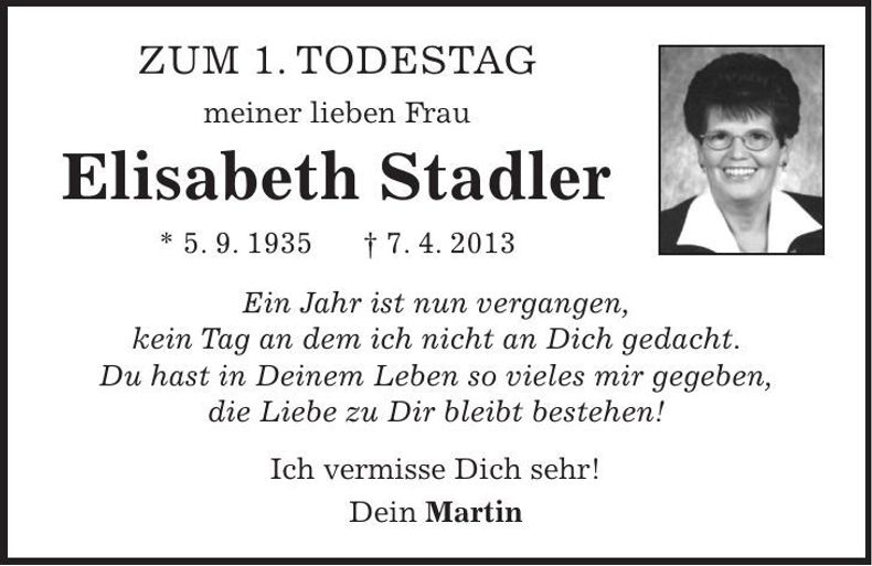 Traueranzeige Elisbaeth Stadler