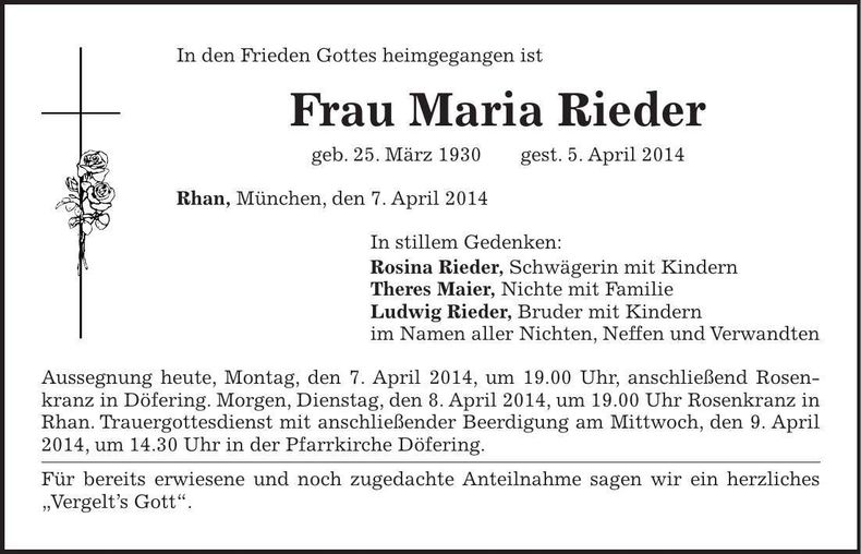 Traueranzeige Maria Rieder