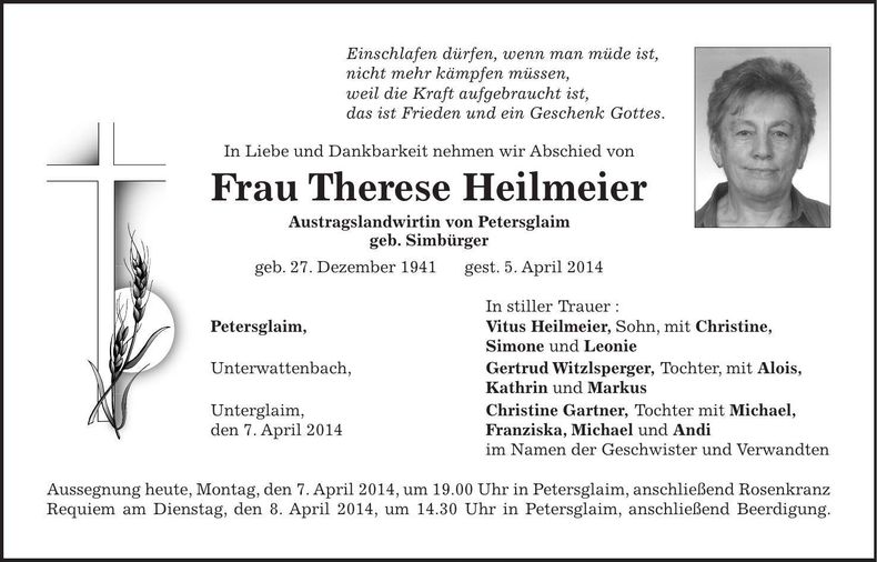 Traueranzeige Therese Heilmeier