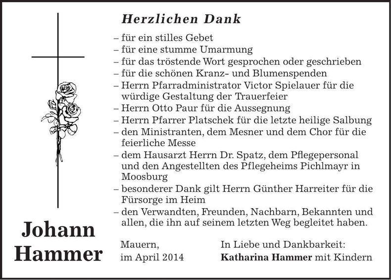 Traueranzeige Johann Hammer