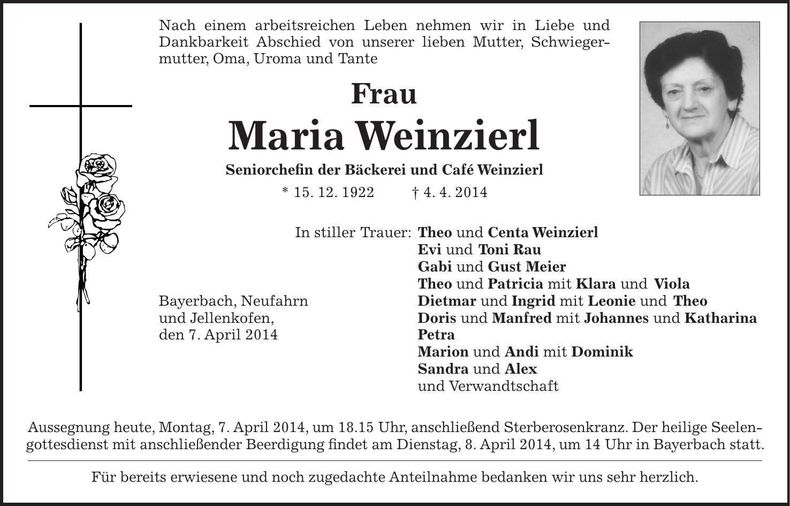 Traueranzeige Maria Weinzierl