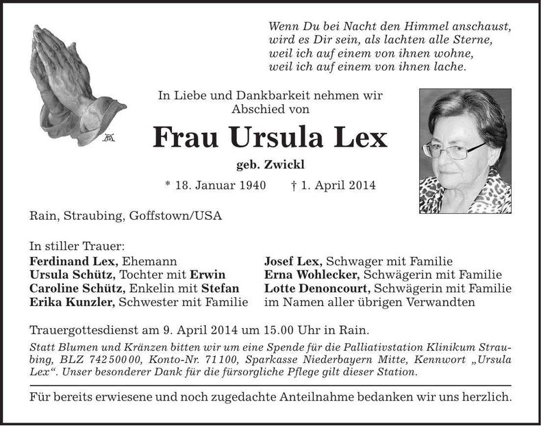 Traueranzeige Ursula Lex