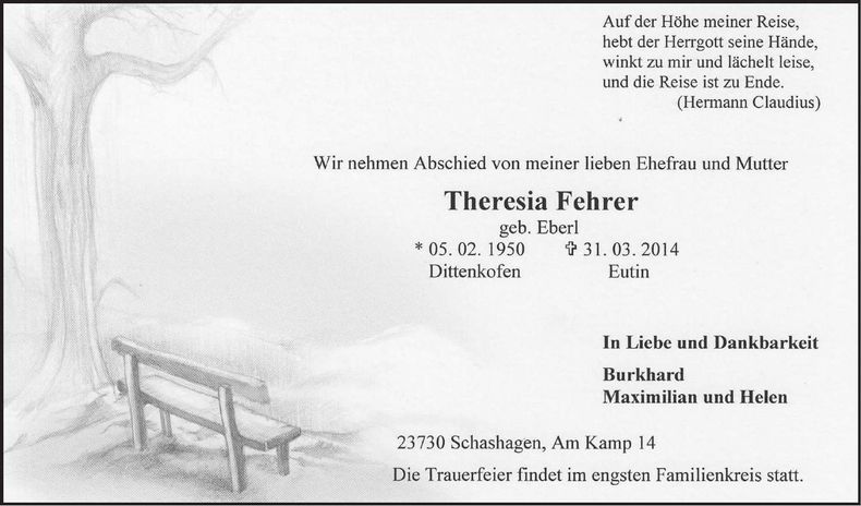 Traueranzeige Theresia Fehrer