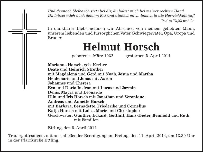 Traueranzeige Helmut Horsch