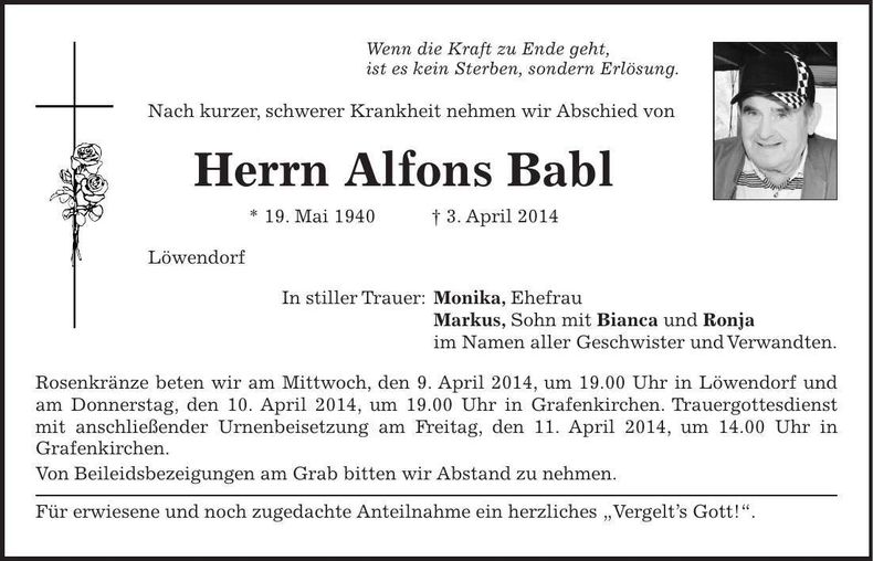 Traueranzeige Alfons Babl