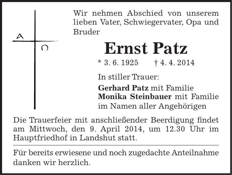 Traueranzeige Ernst Patz