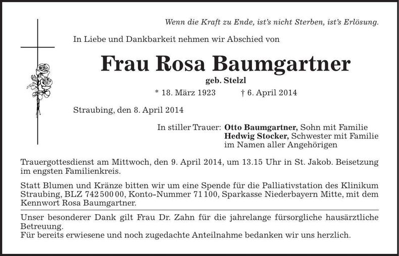 Traueranzeige Rosa Baumgartner