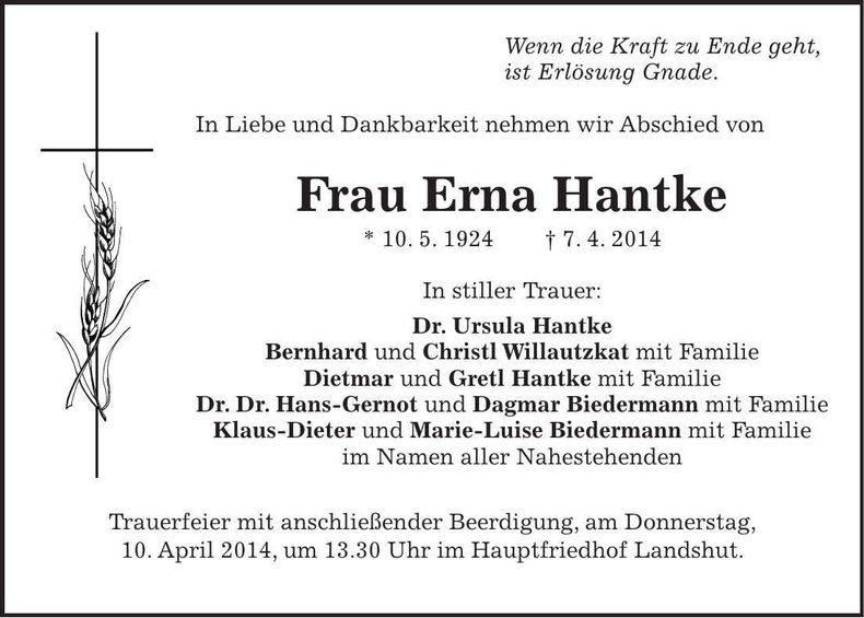 Traueranzeige Erna Hantke