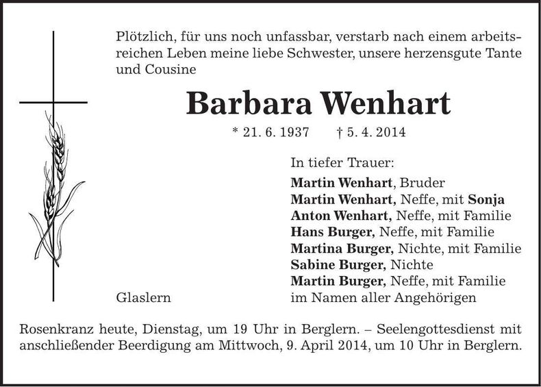 Traueranzeige Barbara Wenhart