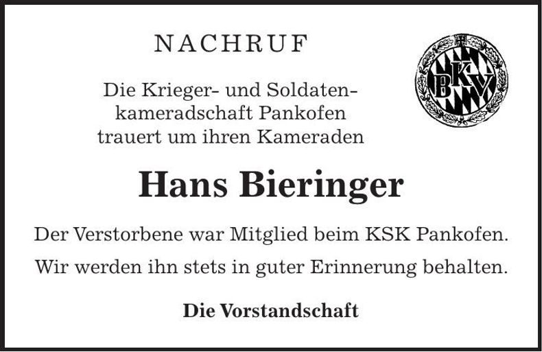 Traueranzeige Hans Bieringer