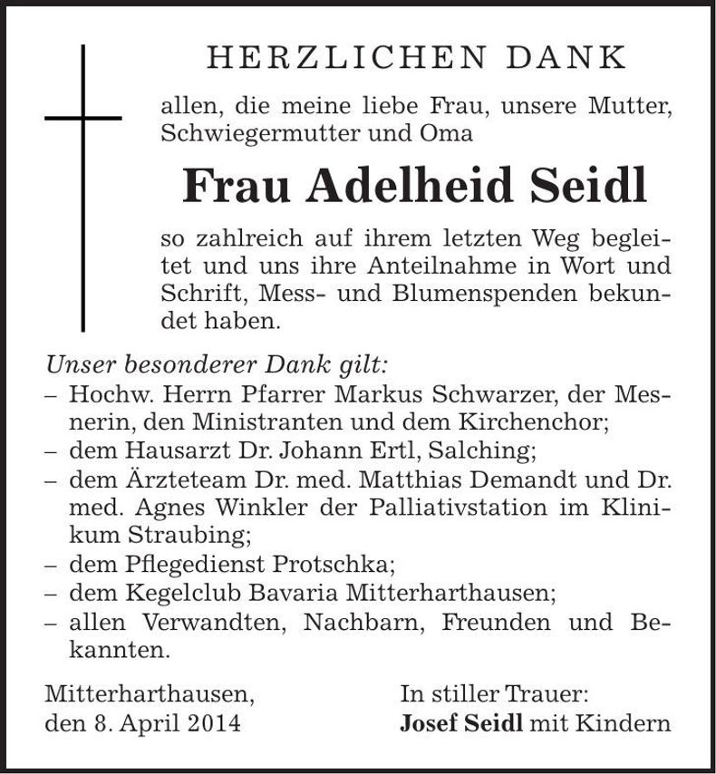 Traueranzeige Adelheid Seidl