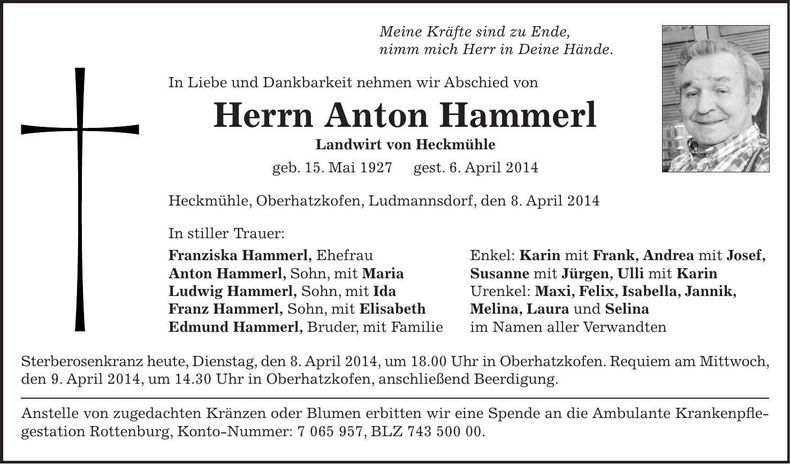 Traueranzeige Anton Hammerl