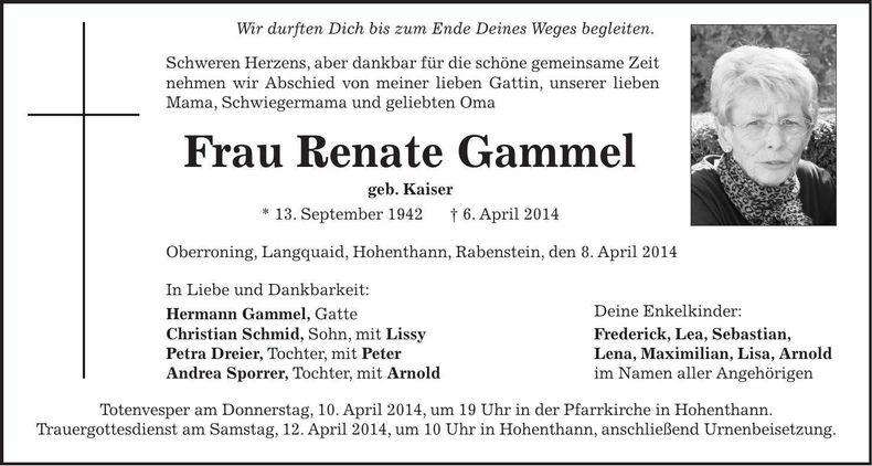 Traueranzeige Renate Gammel