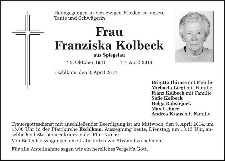 Traueranzeige Franziska Kolbeck