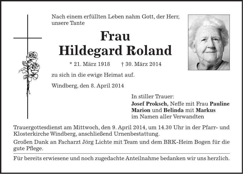 Traueranzeige Hildegard Roland