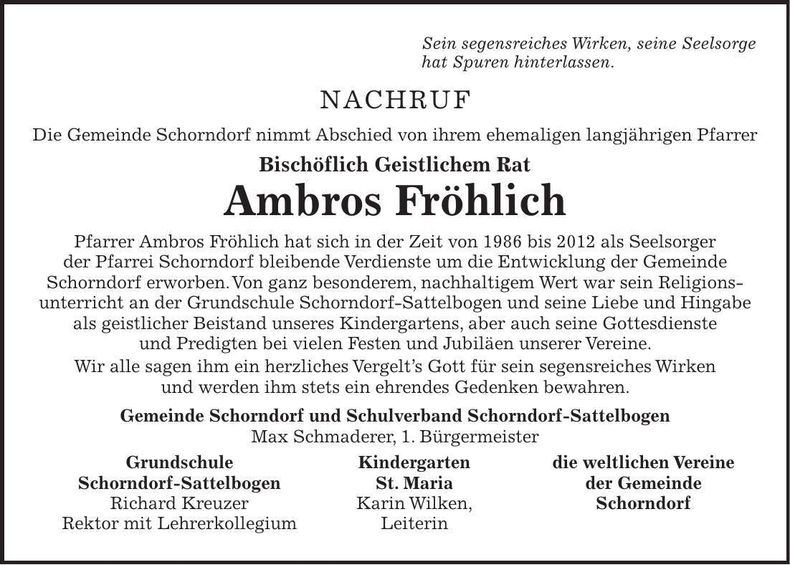 Traueranzeige Ambros Fröhlich