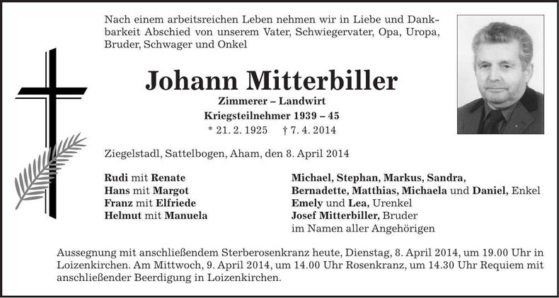 Traueranzeige Johann Mitterbiller