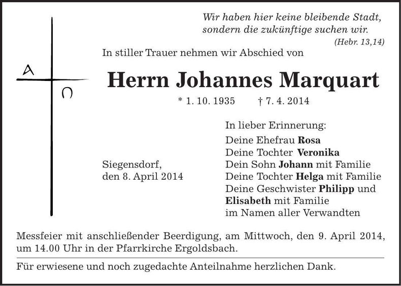 Traueranzeige Johannes Marquart