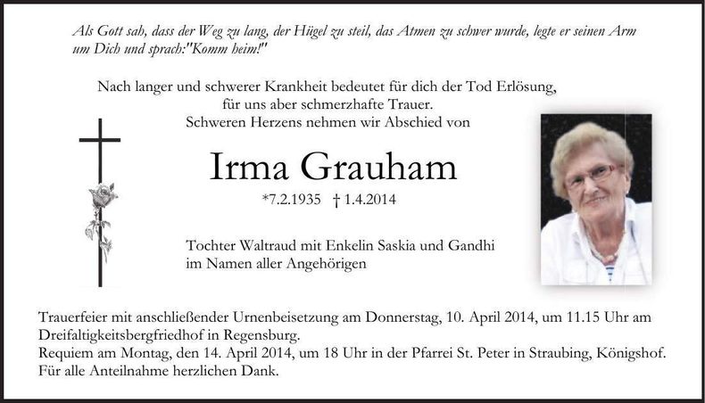 Traueranzeige Irma Grauham