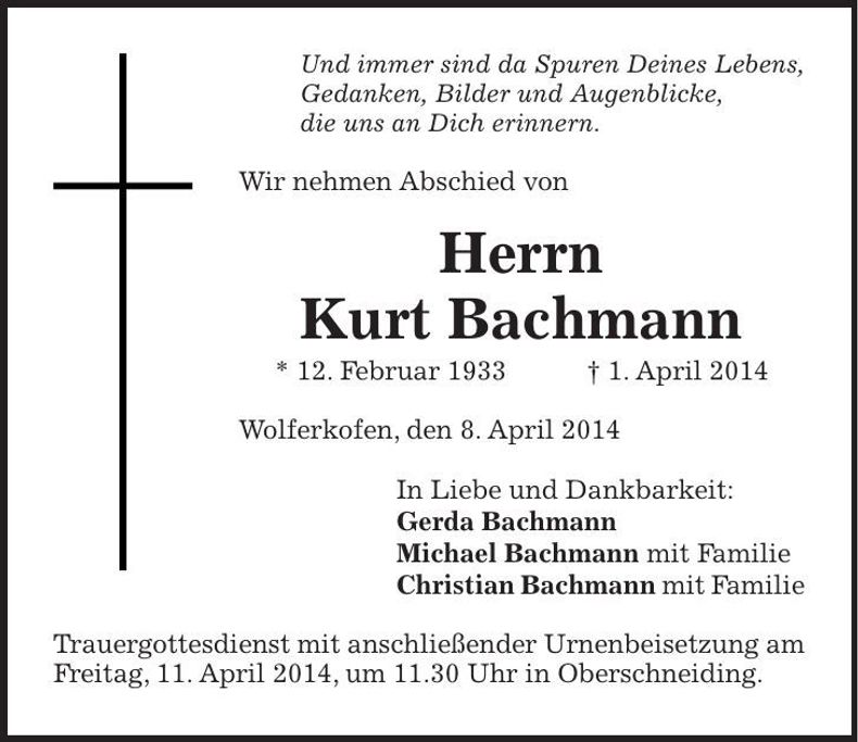 Traueranzeige Kurt Bachmann