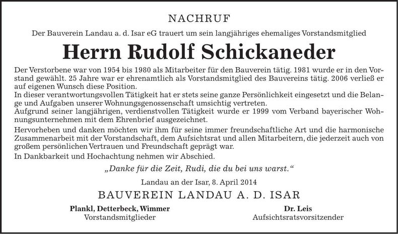 Traueranzeige Rudolf Schickaneder