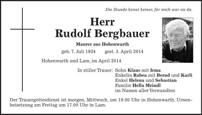 Traueranzeige Rudolf Bergbauer