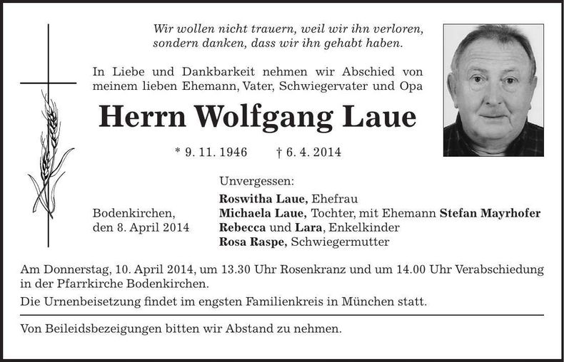 Traueranzeige Wolfgang Laue