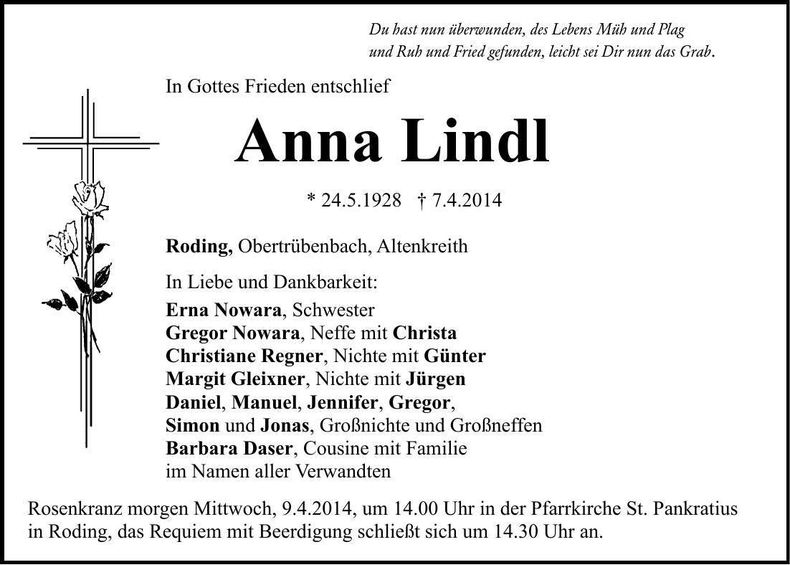 Traueranzeige Anna Lindl