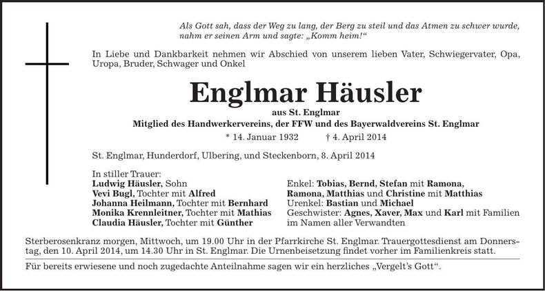 Traueranzeige Englmar Häusler