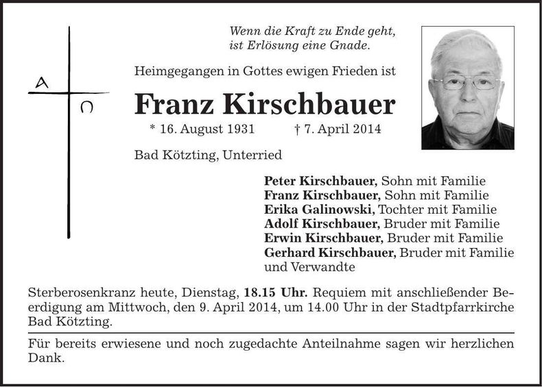 Traueranzeige Franz Kirschbauer