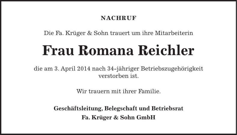 Traueranzeige Romana Reichler