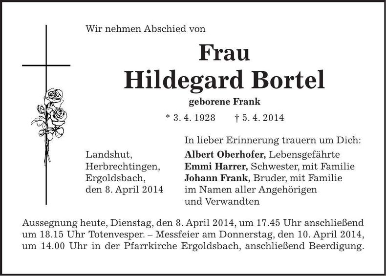 Traueranzeige Hildegard Bortel