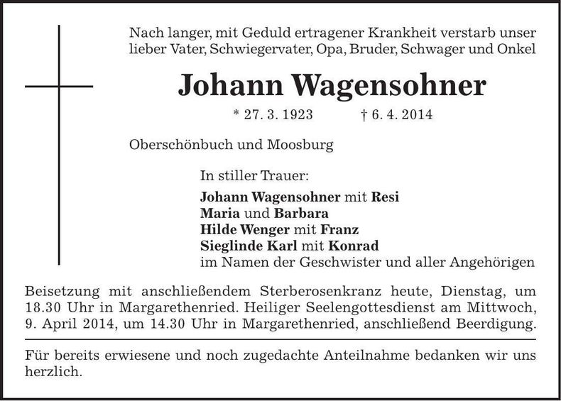 Traueranzeige Johann Wagensohner