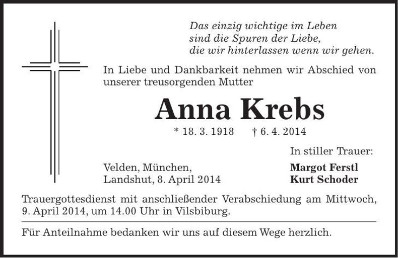 Traueranzeige Anna Krebs