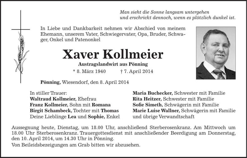 Traueranzeige Xaxer Kollmeier