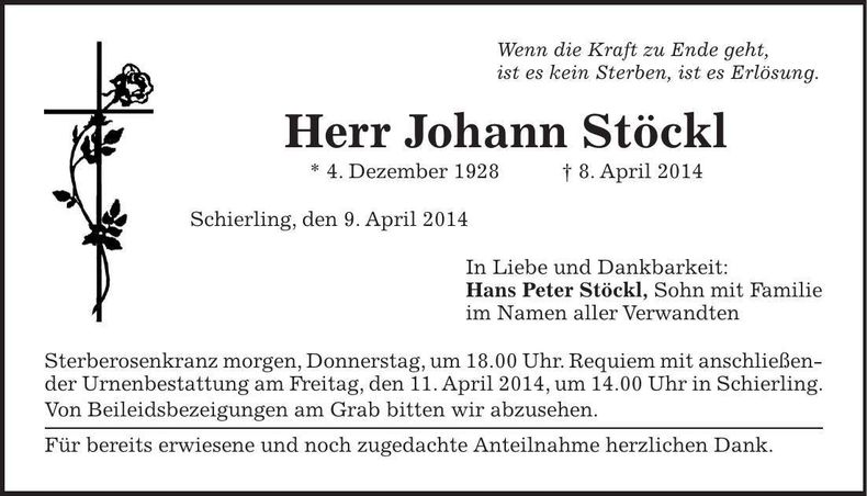 Traueranzeige Johann Stöckl