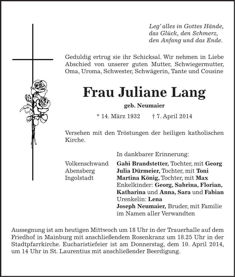 Traueranzeige Juliane Lang