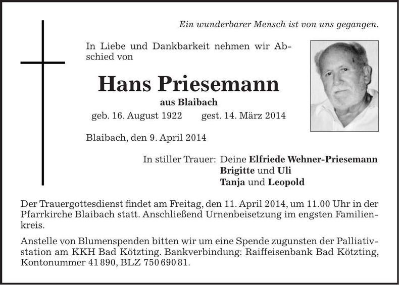Traueranzeige Hans Priesemann