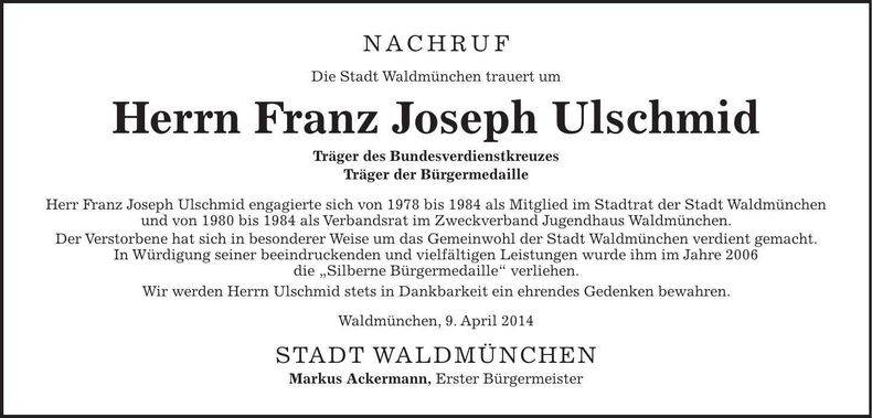 Traueranzeige Franz Joseph Ulschmid Ulschmid