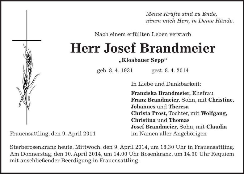 Traueranzeige Josef Brandmeier