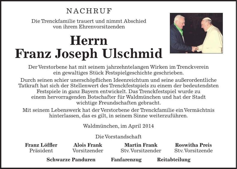 Traueranzeige Franz Joseph Ulschmid
