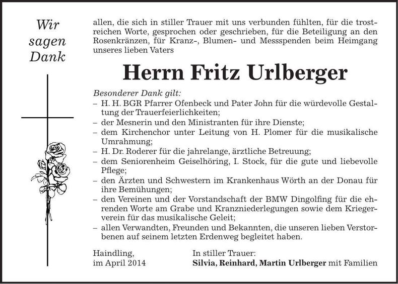 Traueranzeige Fritz Urlberger