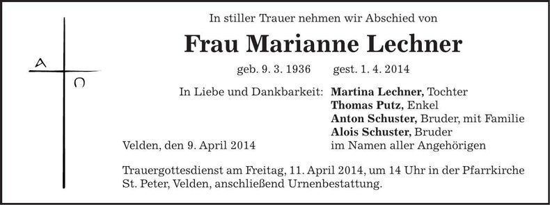 Traueranzeige Marianne Lechner