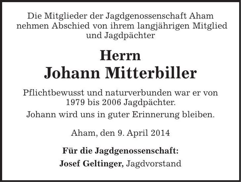 Traueranzeige Johann Mitterbiller