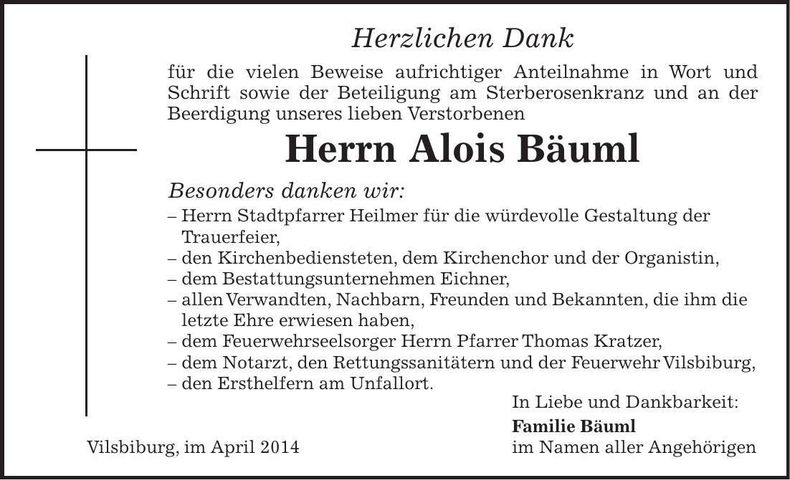 Traueranzeige Alois Bäuml